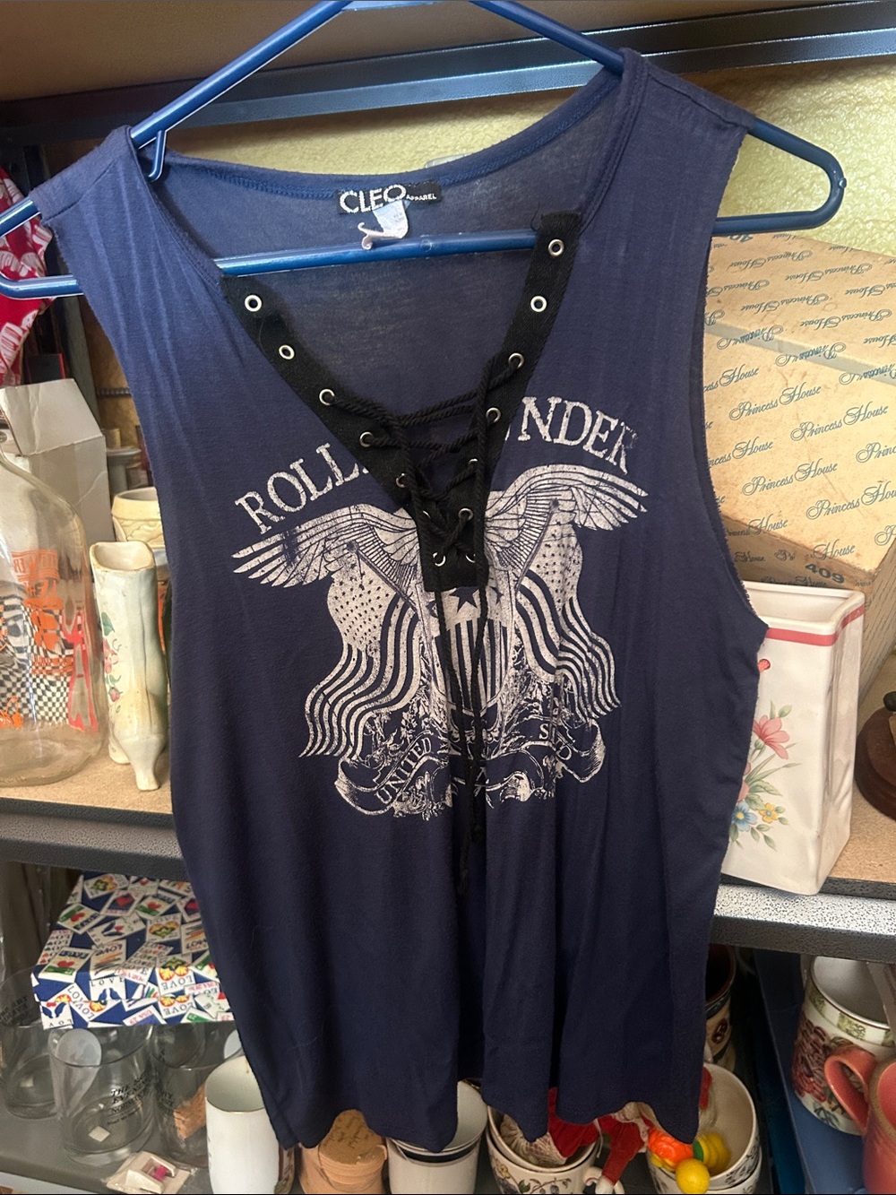 cleo Navy Lace-Up Graphic USA Eagle rock Tank Top xl
